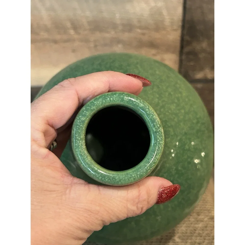 Ceramic Vase Pot Attached Drip Plate Green Glaze Vintage Terra Beautiful‎